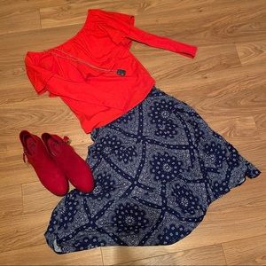 Red Off Shoulder Top & Blue/White Patterned Skirt